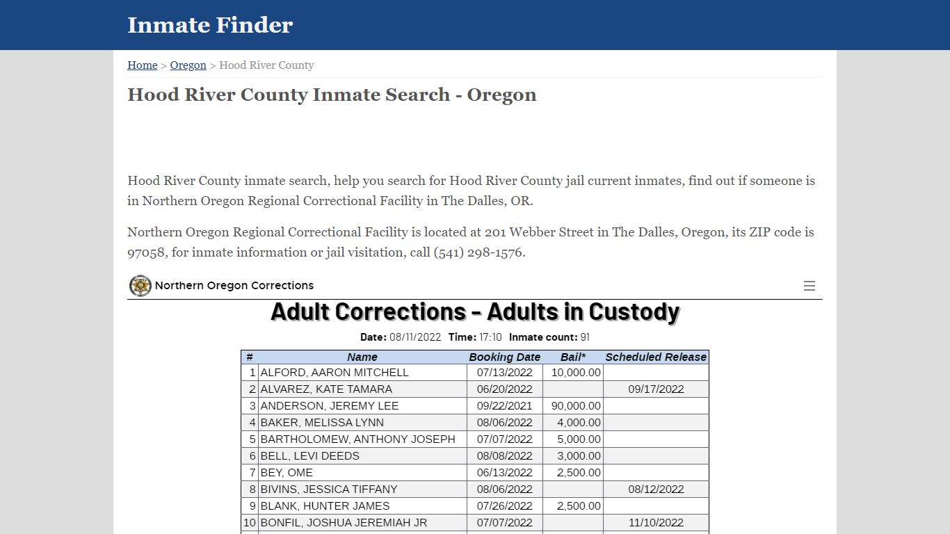 Hood River County Oregon Jail Inmate Finder